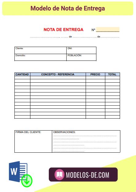 Modelo De Nota De Entrega En Word Y Excel Gratis