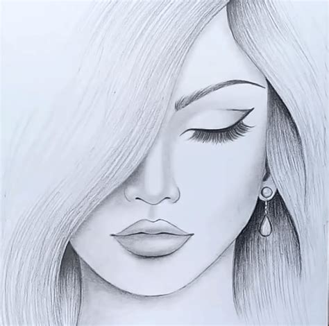 A Drawing Of A Womans Face With Long Hair And Earrings On Her Ear