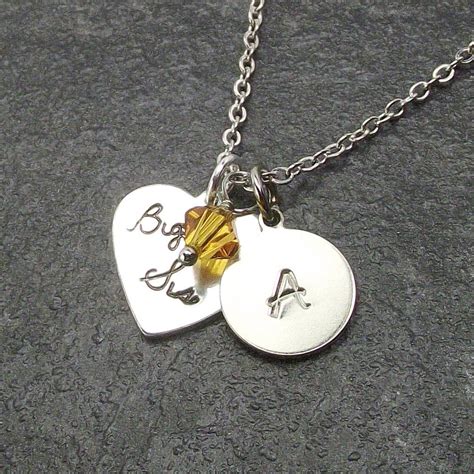 Personalized Heart Big Sister Little Sis Necklace With Birthstone