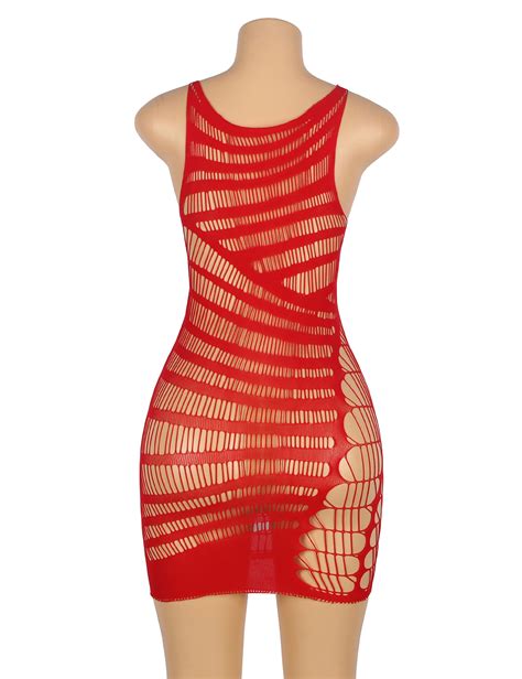 Red Hollow Out Fishnet Sexy Bodystocking Lingerie For Women