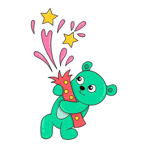 Плюшевый мишка запускает фейерверк на празднование дня рождения каракули значок изображения