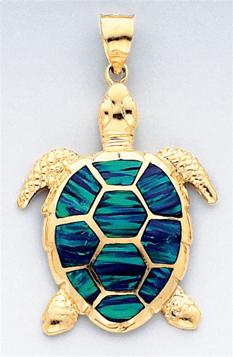14k Gold 50mm Turtle Pendant With Inlaid Opal