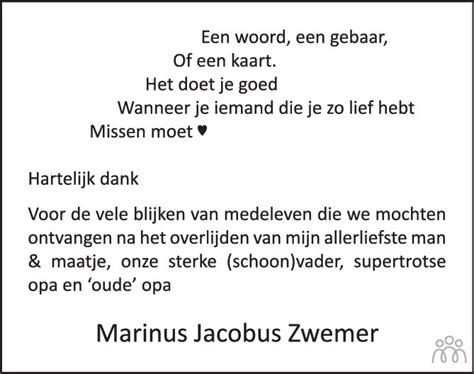 Marinus Jacobus Rinus Zwemer Overlijdensbericht En