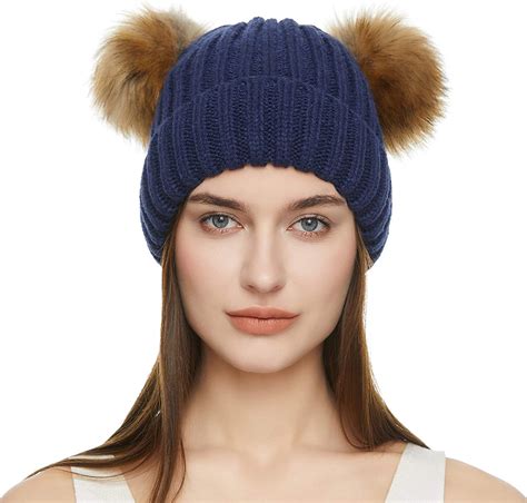 Winter Beanie Hat For Women Knitted Double Pom Pom Faux Fur Raccoon Ball Cap Bob Ebay