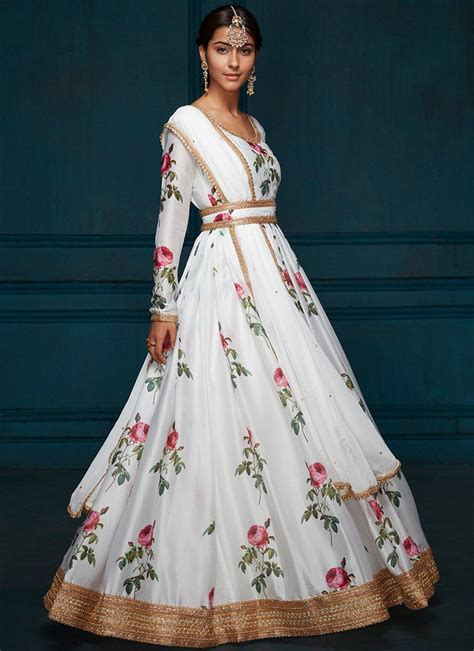 White Floral Printed Satin Anarkali Lashkaraa Indian Gowns Dresses