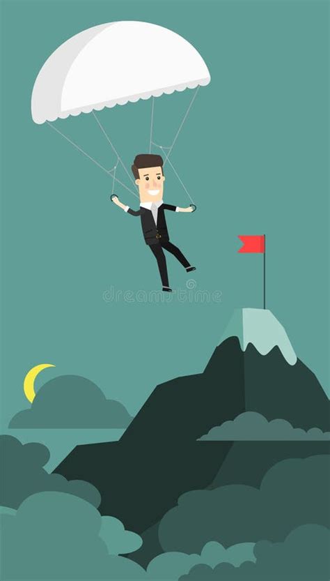 Businessman Landing To The Goal With Parachute Business Concept