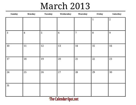 Printable Blank Pdf March 2013 Calendar