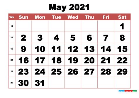 Free Printable May 2021 Calendar With Week Numbers Free Printable
