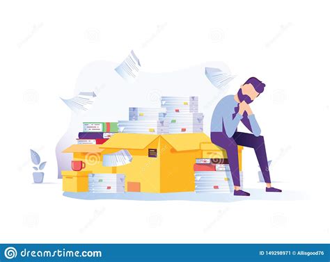 Tired Businessman Sitting On The Pile Of Documents Clutching His Head