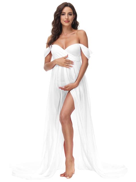 JustVH Maternity Off Shoulder Chiffon Gown Lace Split Front Long Train