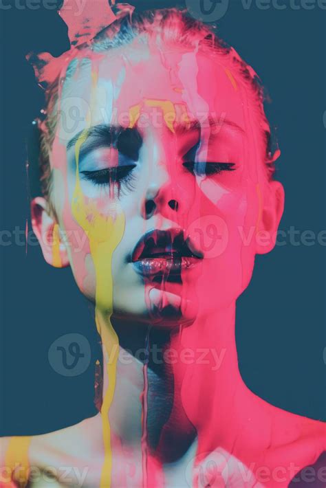 A Woman With Paint Dripping Down Her Face Generative Ai 32109589 Stock