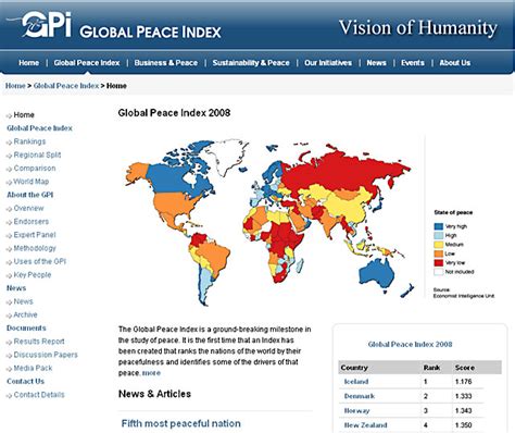 Global peace index 2018 (lande, der vises med en dybere grøn skygge, rangeres som mere fredelige, lande, der ser mere røde ud, klassificeres som mere voldelige). それでも、日本が誇れるもの。それは平和。Global Peace Index、世界平和指標で5位: しなやかな技術研究会