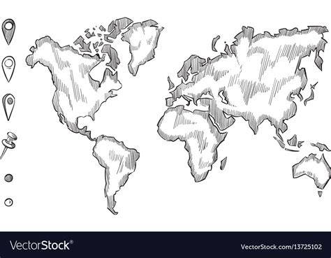 Hand Drawn Rough Sketch World Map With Doodle Vector Image