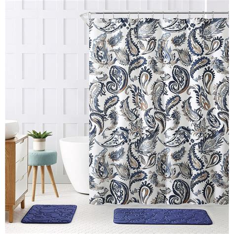 Decorative Navy Blue Gold Fabric Shower Curtain Watercolor Floral Paisley Design 72 X 72
