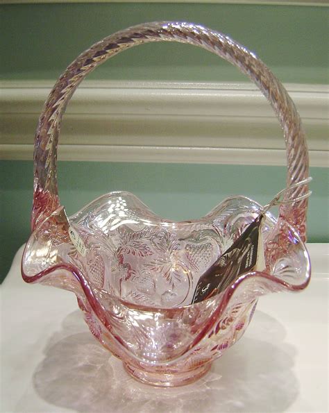 Vintage Fenton Pink Chiffon Basketweave Basket With Opalescent Reticulated Ruffle Applied Handle