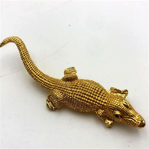 Alligator Crocodile Lizard Gold Tone Metal Brooch Pin Gem