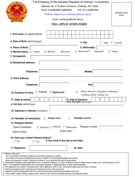 Australian Capital Territory Australia Vietnamese Visa Application Form