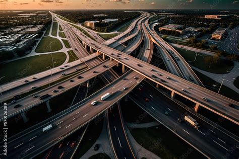 Aerial View Massive Highway Intersection Stack Interchange With