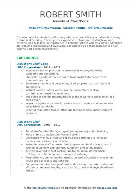 Assistant Chef Resume Samples Qwikresume