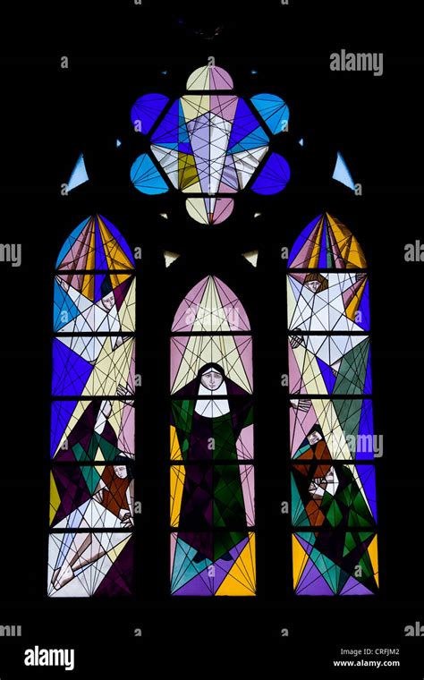 Modern Stained Glass Window Religious Scene In The Almudena Cathedral In Madrid Spain Stock