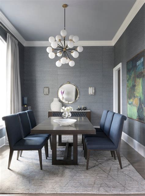 Dining Room In Bold Wallpaper With A Mix Of Bluegreen Hues In Art