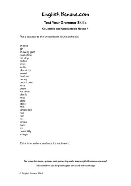 Countable And Uncountable Nouns 4 Worksheet For 4th 7th Grade