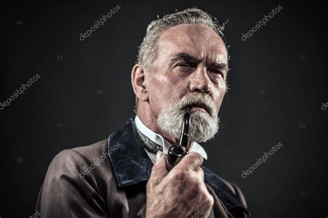 Pipe Smoking Vintage Characteristic Senior Man With Gray Hair An