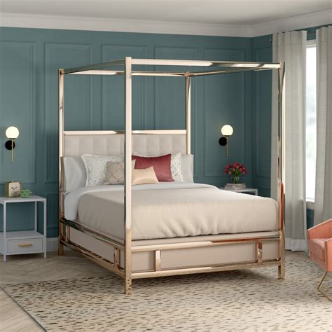 Typically, a canopy bed doesn't work in a smaller bedroom with standard 8' ceilings, explains jessica geller of toledo geller interiors, but naga bed linens and primrose pillow also from john robshaw. Alek Upholstered Canopy Panel Bed & Reviews | AllModern ...