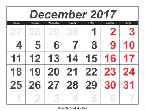 2017 Calendar December With Large Numbers Whatisthedatetodaycom