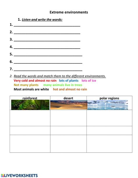 It is so important for kids to not only learn math, but to become proficient in doing math quickly at a young age. Extreme environments - Interactive worksheet