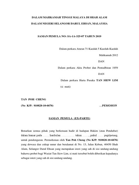 Dalam perkara mengenai seksyen 256 dan 257 kanun tanah negara 1965. Saman Pemula Ex Parte