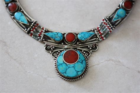 vintage nepali necklace statement necklace coral turquoise nepalese buddhist tibetan