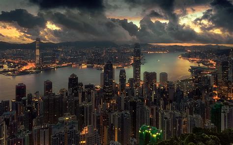 Hong Kong Skyscrapers Cityscape Clouds Metropolis Sunset Evening