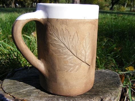 Clay Coffee Mug With Leaf Handmade Pottery Mug Rustic Terra Etsy