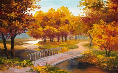 Pictorial Art Autumn Parks Bridges Pond Wallpaper Desktop