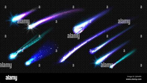 Flying Comets Asteroids Or Meteors With Flame Trail Isolated On