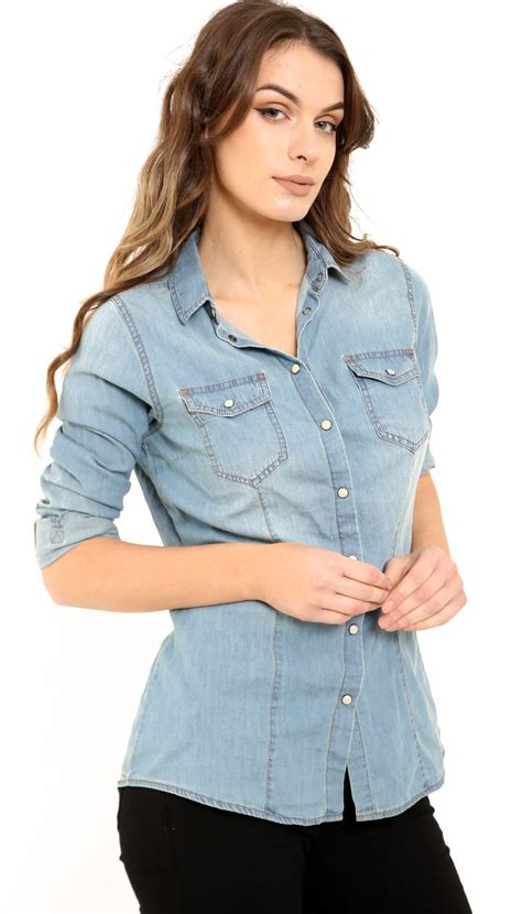 New Womens Ladies Casual Classic Button Down Denim Medium Wash Fitted
