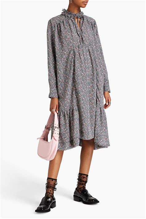 Ganni Gathered Floral Print Crepe Midi Dress The Outnet