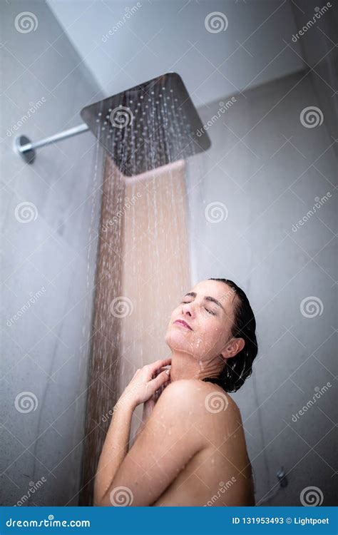 Woman Taking A Long Hot Shower Washing Her Hair Stock Image Image Of Long Bathroom 131953493