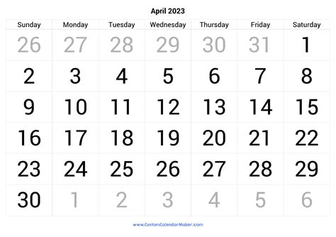 April 2023 Calendar Printable With Large Numbers