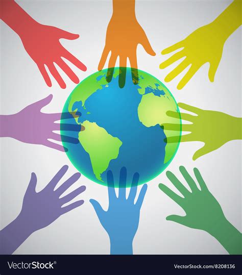 Many Colorful Hands Surrounding The Earth Globe Vector Image