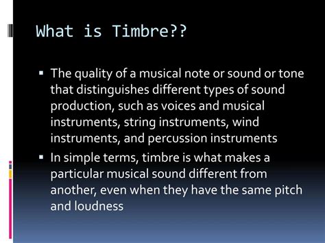 Process, which typically relies on subjective and description of timbre perception characteristics has broad implications in military and civil fields, such as instrument recognition 39, music emotion. PPT - Timbre PowerPoint Presentation - ID:2788000