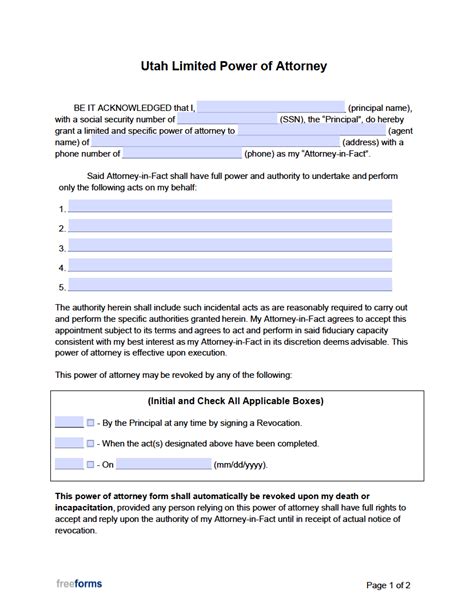 Free Utah Limited Special Power Of Attorney Form Pdf Word