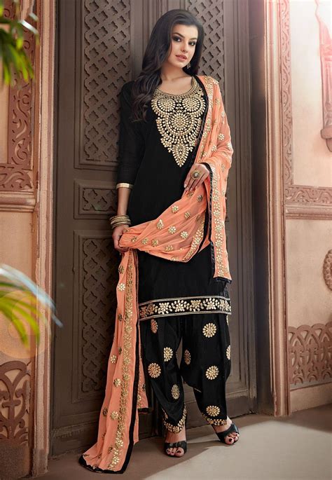 Embroidered Chanderi Silk Punjabi Suit In Black In 2022 New Kurti