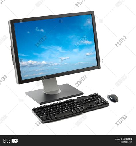Computer Monitor Screen Keyboard Mouse With Sky Isolated Stock