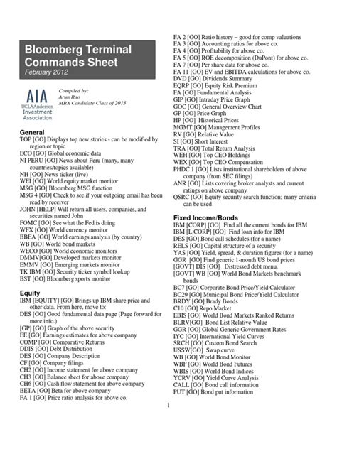 Bloomberg Commands Cheat Sheet Futures Contract Yield Curve