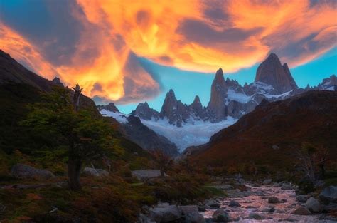 Sky On Fire During Incredible Sunset Over Mt Fitz Roy Near El Chalten