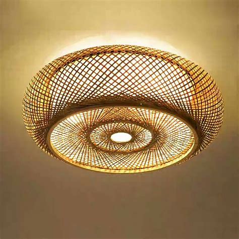 Oukaning E Bamboo Wicker Rattan Lantern Ceiling Light Fixture Flush