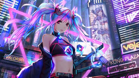 1600x900 anime cyber girl neon city wallpaper 1600x900 resolution hd 4k wallpapers images