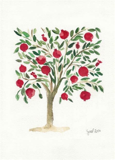 Pomegranate Tree 2 Original Watercolor Painting In Red Green